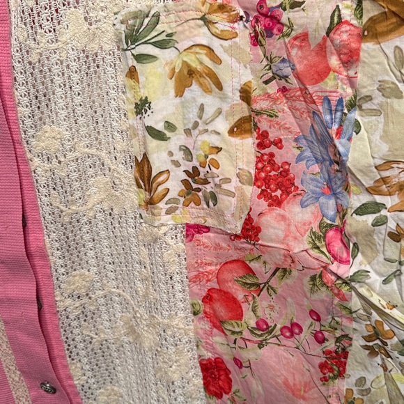 POL oversized Pink waffle, cream lace embroidery, fruits florals button down top - Picture 7 of 7